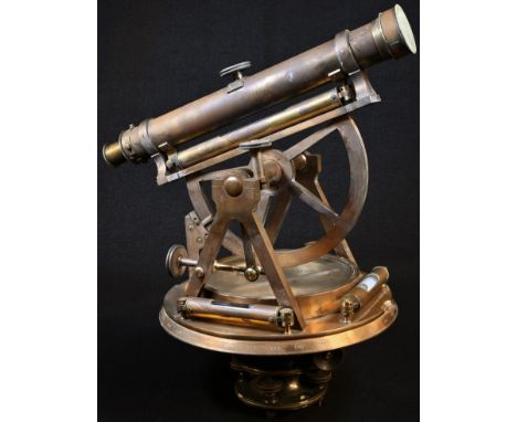 A George IV brass surveying theodolite,by W &amp; T Gilbert, London, 12cm silvered compass dial, 180 degree elevation, 18" ma