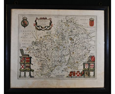 Blaeu, Johannes, an engraved and coloured two-page map, Wigorniensis comitatus et comitatus Warwicensis nec non Coventrae lib