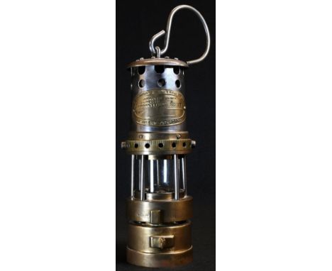 Coal Mining Interest - a Welsh miner's lamp, Midget B, by Thomas &amp; Williams, Aberdare, brass and steel, glazed chamber, 2