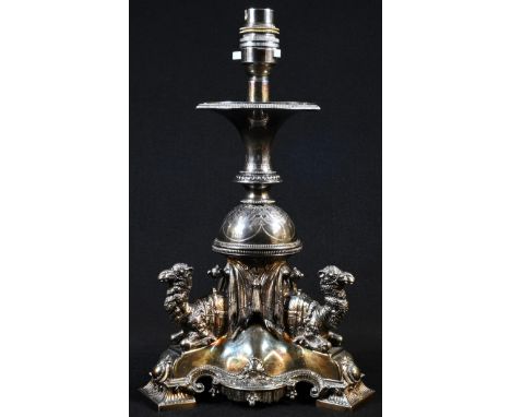 A Victorian EP sculptural 'animalier' centrepiece, now repurposed as a table lamp, the tripod base with saddled camels and te