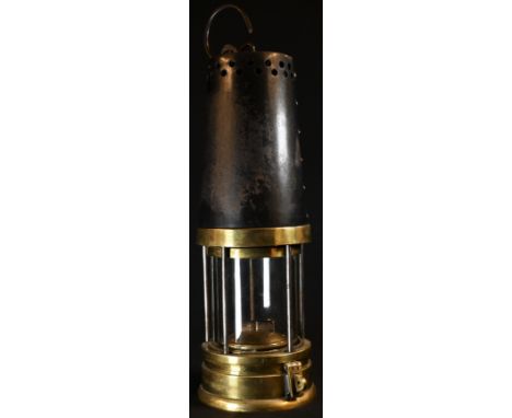 Coal Mining Interest - a large 19th century steel and brass miner's shaft lamp, by Davis, Derby, pierced canopy enclosing a g