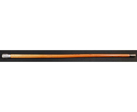 A Chinese silver mounted walking cane, the domed pommel chased with figures in a landscape, malacca shaft, 81cm long, c.1900 
