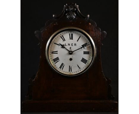 A Victorian oak bracket timepiece, 19cm painted clock dial inscribed LNER E, Roman numerals, single-winding hole, fusee movem