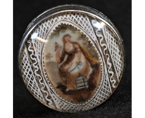 A George III silver circular pill box, the domed 'faux rock crystal' cover set with a portrait miniature of a lady holding a 