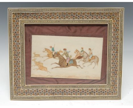 Persian School (first-half, 20th century), a panel painting, of a hunting scene, well-painted on ivory, 12.5cm x 19.5cm, Sade