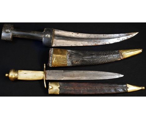 A Middle Eastern kindjahl, probably Sudanese, 24.5cm curved blade with central ridge, horn handle, snake skin scabbard, 39.5c