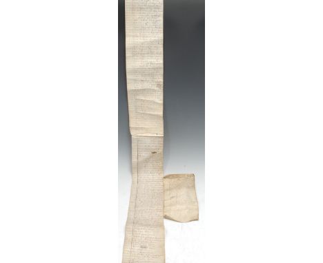 Local Interest - a late 17th century vellum manuscript roll, listing the Mayors and Bailiffs of Derby from 1513-1678, inscrib