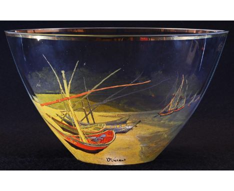 A large Artis Orbis Vincent van Gogh glass bowl, decorated after the artist with Fishing Boats at Saintes-Maries-de-la-Mer, g