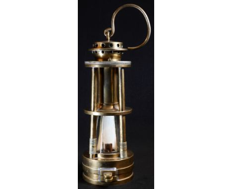 Coal Mining Interest - a 19th century brass miner's gas lamp, by Davis, Derby, pierced canopy above two tiers of four pillars