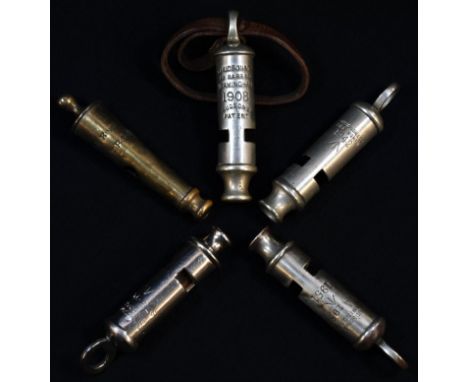 A Victorian brass two-tone cyclist's whistle, The King's Own, by Thomas Bowling Lamp Works, 8cm long; a  military issue whist