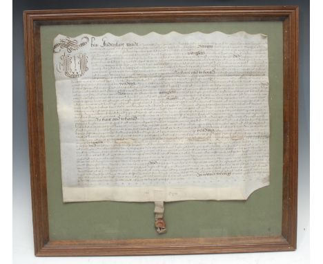 A Charles I vellum manuscript indenture, between John Taylor of Newarth?, in the parish of Oldham, Lancashire, a husbandman, 