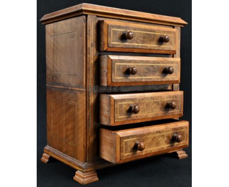 A 'Victorian' walnut burr walnut table top collector's cabinet, oversailing rectangular top above four long graduated drawers