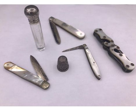 Selection Of Silver Fruit Knifes And Penknife With Mother Of Pearl Handle Along With Silver Thimble And Glass Perfume Bottle 