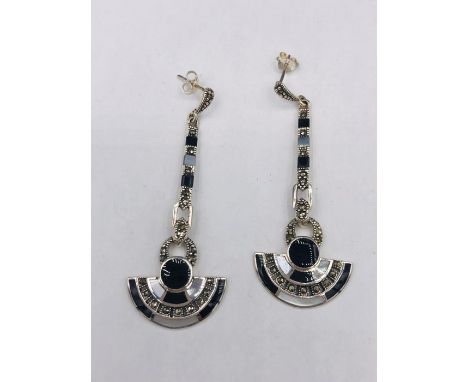 A pair of Art Deco style silver Onyx and Opal drop earrings