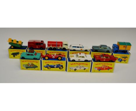 Matchbox 75s - No51b Tipping Trailer;  No52b B R M Racing Car, Red RN5;  No53c Ford Zodiac, metallic green, cream interior;  