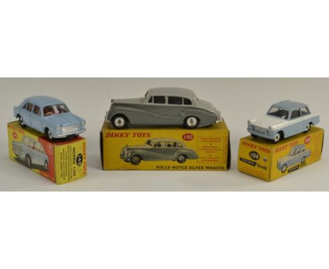 Dinky Toys - 189 Triumph Herald, blue and white, spun hubs;  140, Morris 1100, pale blue, red interior, spun hubs;  150 Rolls