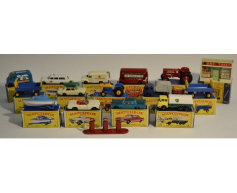 Matchbox Lesney  - No5 London Bus, Longlife decals, black wheels;  No9 Cabin Cruiser and Trailer; No14 Lomas Ambulance;  No15