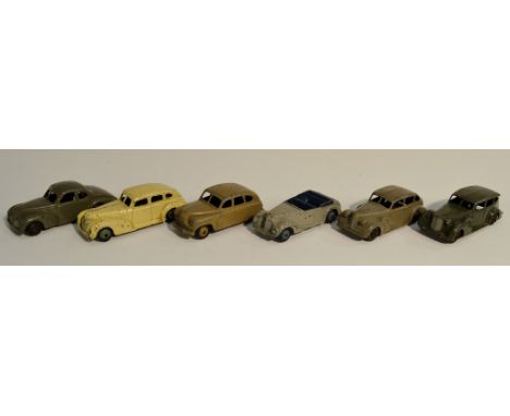 Dinky Toys -  No.39F Studebaker - dark grey, black ridged hubs;  No.39A Packard - darker green, black ridged hubs;  another l