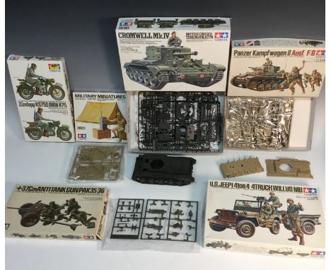 Tamiya 1/35th scale model kits - 35221 Cromwell MkIV. part built;  35015 U.S Jeep Willys MB;  35009 Panzer Kampfwagen II; 350