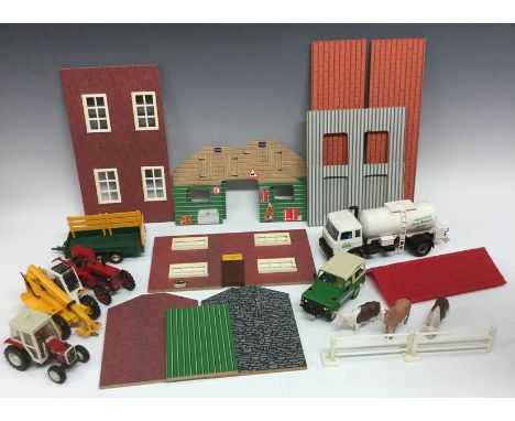 A Britain's farm with vehicles including Volvo BM tractor;  Loadall 520, Range Rover, Milk Tanker, trailers etc assorted anim