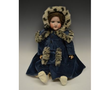 An Armand & Marseille bisque head doll, sleeping blue glass eyes, open red lips revealing four large top teeth,   painted fea