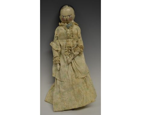 ***Please note amended description***A late George III style English wooden doll, carved and painted  gesso over wooden head,