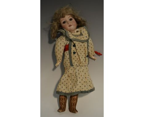 An Armand Marseille bisque head doll, weighted brown eyes, open mouth with teeth, light brown hair, impressed 390 A2/0xM, com