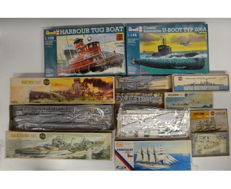 Kits - Airfix 600th scale 04212-3 H.M.S Belfast;  04211-0 Graf Spee;  1200th scale 02701-2 H.M.S Hood (part Built);  01205-6 