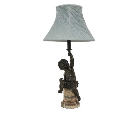 A table lamp, late 19th century, in the form of a putti holding a torch aloft, on a cylindrical marble plinth, 50cm high70cm 