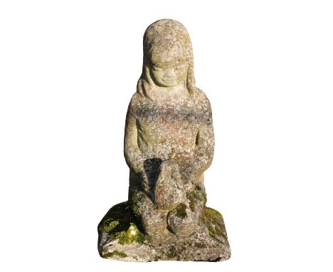 A reconstituted stone model of a kneeling girl, with flowing bobbed hair and clasped hands, on a square base,42cm wide42cm de