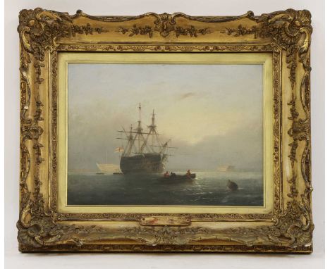 Nicholas Condy (1793-1857)A first rate man-o'-war, at anchor, with other shipping off the coastsigned indistinctly l.r., oil 