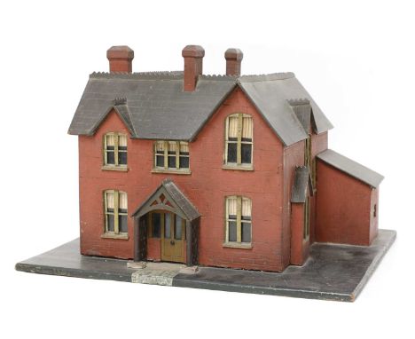A wooden model of a red-brick villa, 19th century, realistically painted and mounted on a wooden board,41cm wide37cm deep28cm