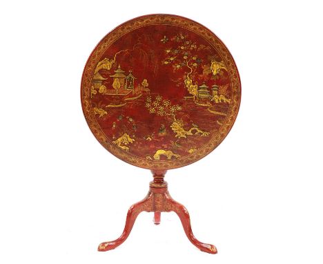 A George III scarlet lacquered and gilt chinoiserie tripod table,c.1760, in the manner of Giles Grendey, the hinged circular 