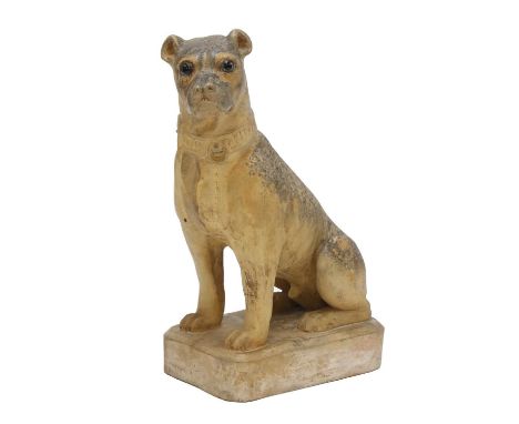 A French terracotta model of a seated pug, 19th century, by Jean Garouste, Castelnaudary, with inset glass eyes, impressed ma