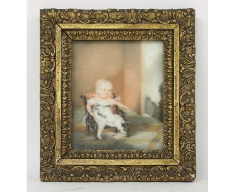 English School, mid-19th centuryPortrait of a child seated on a chair in an interiorminiature on ceramic13 x 11cm Provenance: