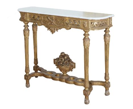 A French Louis XVI-style giltwood console table, 19th century, the breakfront white marble top above a floral and foliate pie