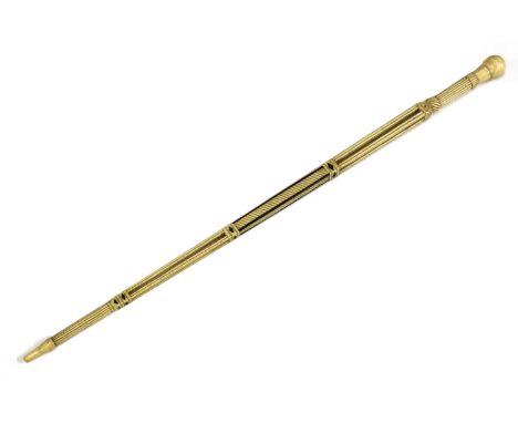 A marine ivory, whalebone and baleen inlaid walking stick, the ball handle above a tapering shaft, with alternating architect