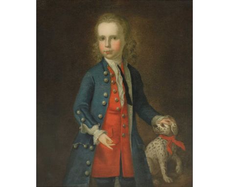 English School, 1736Portrait of a boy, standing three-quarter length, in a blue coat and red waistcoat, his left hand resting