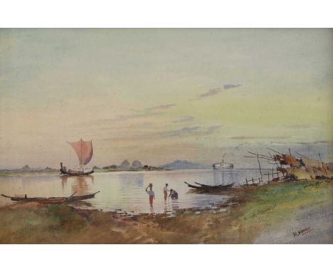 Maung Saya Saung (Burmese, 1898-1952)Figures gathering water from a river at dusksigned 'M Saung' l.r., watercolour24 x 37cmC
