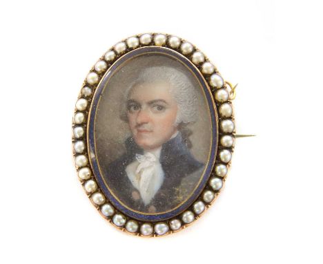 Circle of Charles Robinson (c.1760-1821)Portrait of a gentleman, bust length, in a blue coat and white stockminiature on ivor