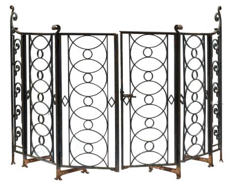 A pair of French painted wrought iron country house gates,late 19th/early 20th century, by Maison Dubourg, with scrolling fol