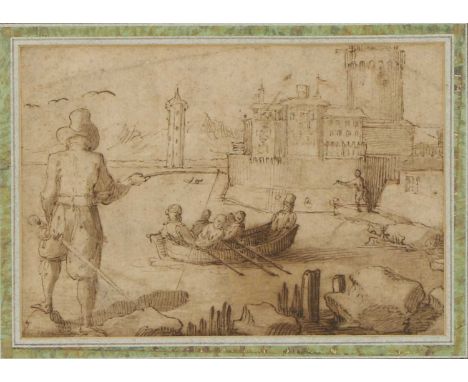 Flemish School, early 17th centuryA castle by a lake, a gentleman fishing in the foreground, and other figures in a boatpen a