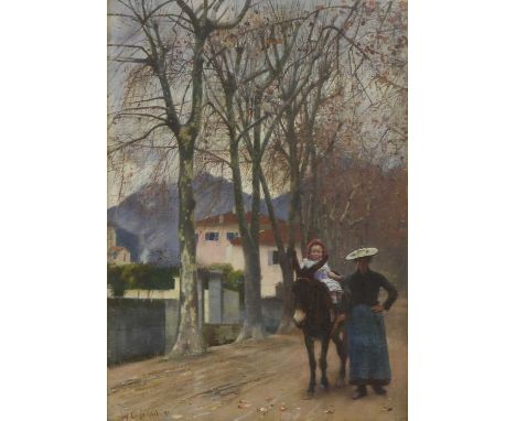 William Logsdail (1859-1944)A mother and child on a donkey on a Mediterranean roadsigned 'W Logsdail' and dated ‘91 l.l., oil
