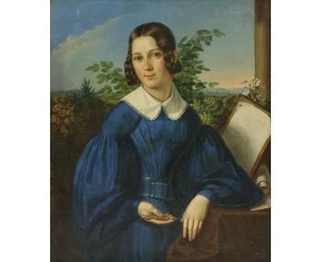 German School, mid-19th centuryPortrait of a young lady, three-quarter length, in a blue dress, pausing from sketching a stud