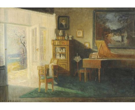 Paul Gehrmann (German, 1861-1923)An interior scene, with a view of a lakesigned 'P Gehrmann' l.l., oil on canvas71 x 101cmCon