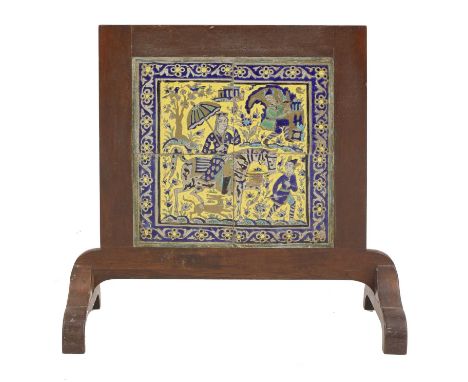 A Qajar Cuerda Seca pottery tile panel, 19th/20th century, Iran, each decorated in polychrome with a hunting scene, the four 