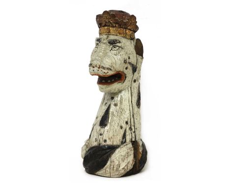 A carved and painted oak armorial leopard head,first quarter of the 16th century, in the form of the head of a leopard wearin