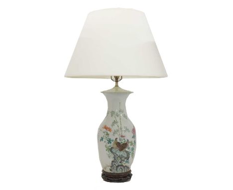 A Chinese vase table lamp and shade,painted in the famille verte palette with two quail on a rock surrounded by flowers and b