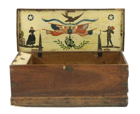 An American camphorwood sailor's cabin trunk,19th century, with brass heart-shaped corner mounts and painted inside panel to 