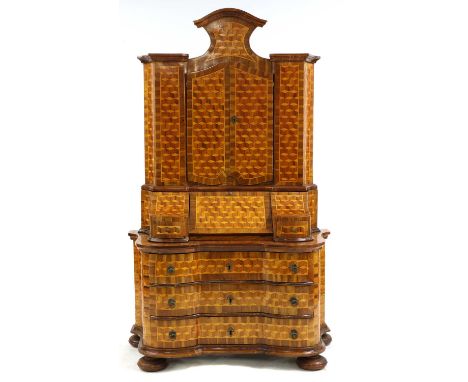 A North European parquetry inlaid secretaire bureau,late 19th, of bombe form, the upper section with a break arch pediment ov